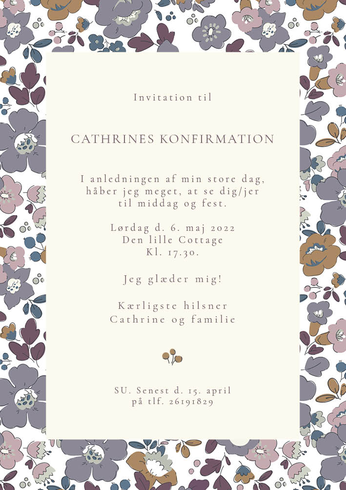 
                Cathrines konfirmationinvitation med en smukt liberty blomster kant rundt om de praktiske informationer. I kan på bagsiden indsætte et skønt billede af konfirmanden eller kontakter til toastmaster, gavekoordinator mm. Til invitationen findes alt det relaterede festpynt I har brug for i samme design i form af velkomstskilt, bordoversigt, menukort, bordkort, drinkskort, takkekort mm. således I kan skabe en rød tråd for dagen.                